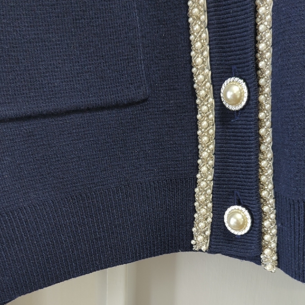 Navy Blue Cardigan and Slip Skirt Set with White Beaded Trim Details Size Medium - Picture 5 of 11